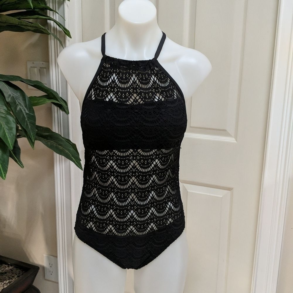 Jantzen Coastal Zone Women's Black One-Piece Swimsuit w/Lace Inserts Size XS